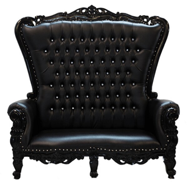 Black throne loveseat with tall tufted leather back, carved black frame and studded trim, shown front-on
