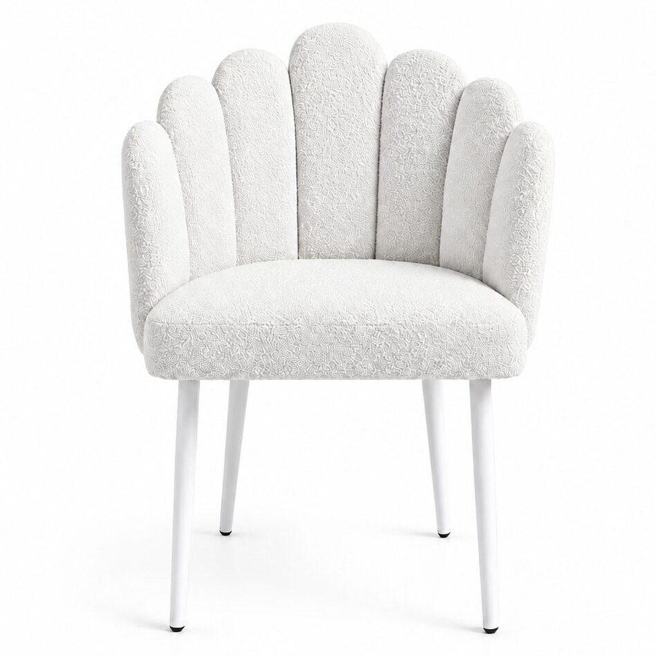 White scalloped chair with textured boucle upholstery and slim white legs