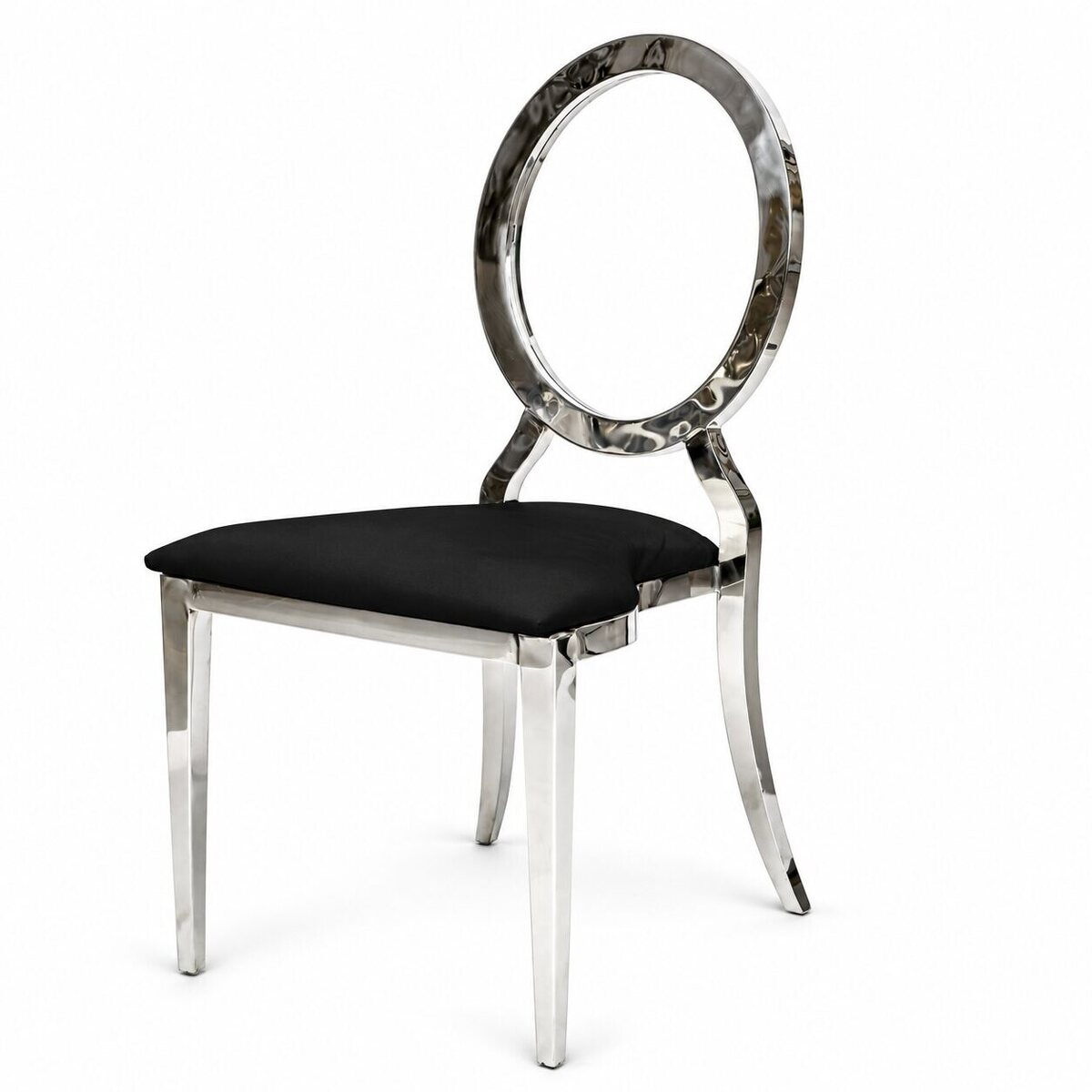 Silver dining chair with polished round frame back and black cushion, seen at an angle